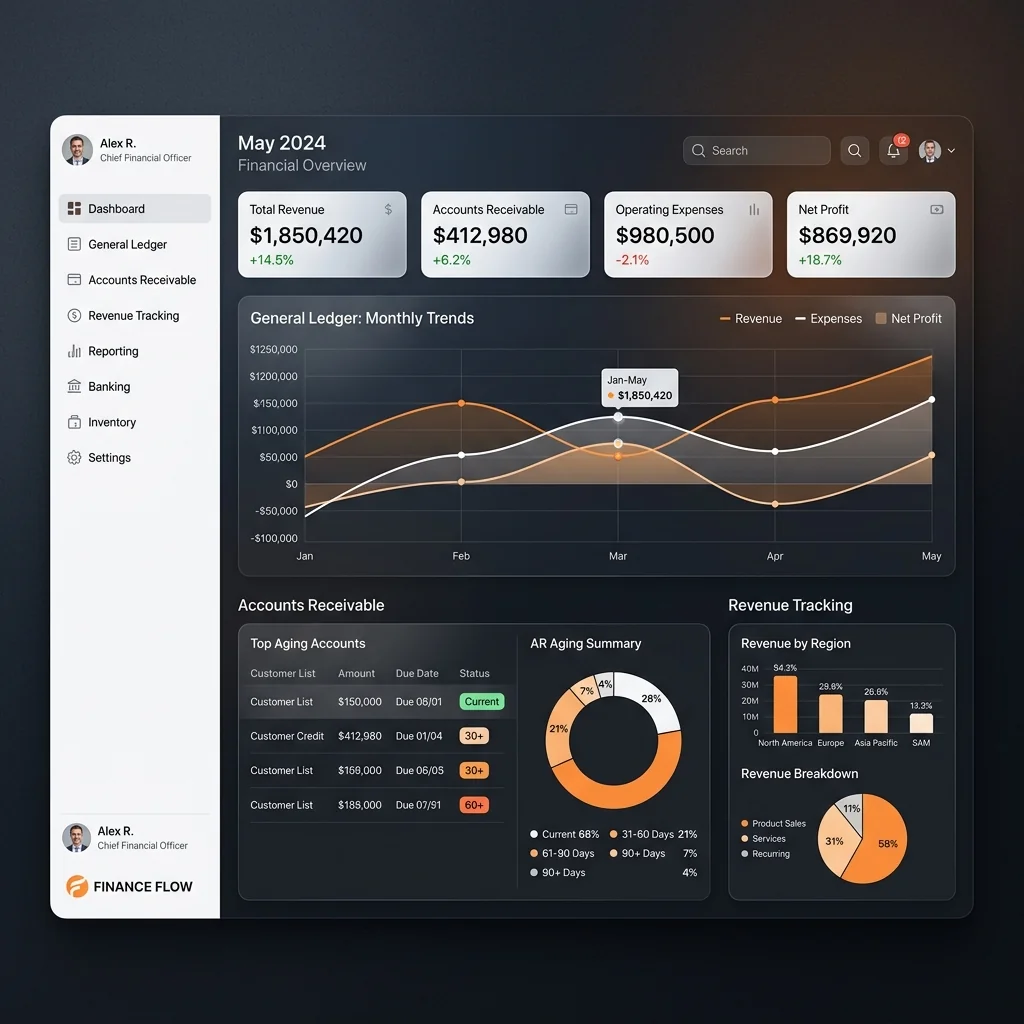 Financial ERP dashboard with revenue and payables tracking